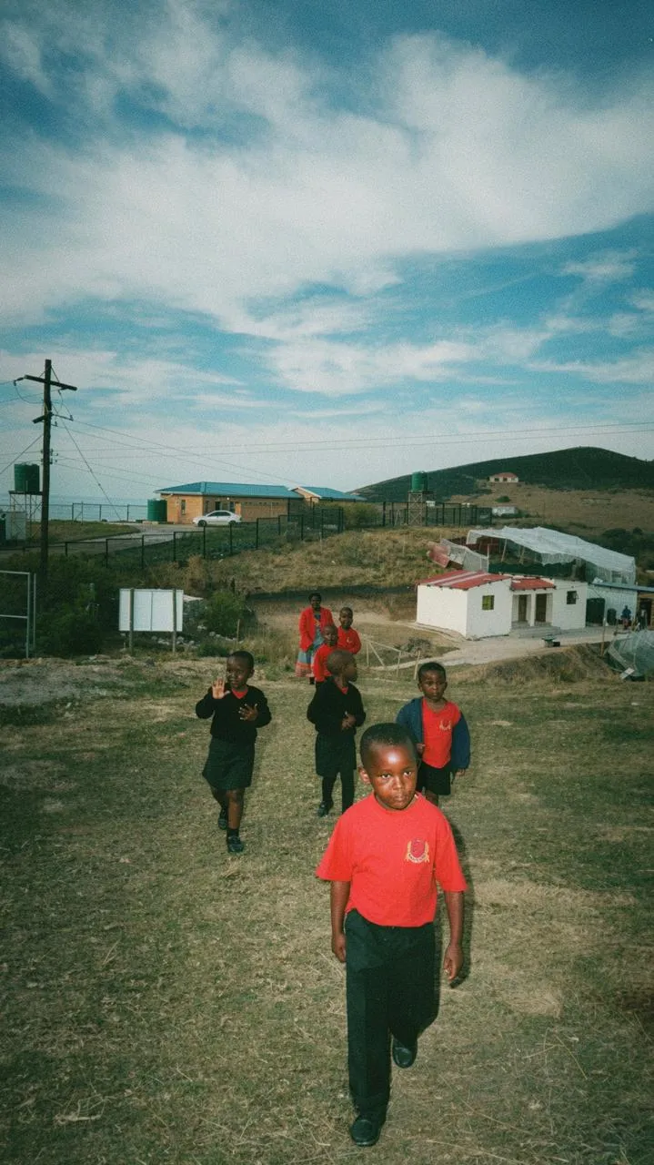 Children walking up the hill from the school in Mbotyi