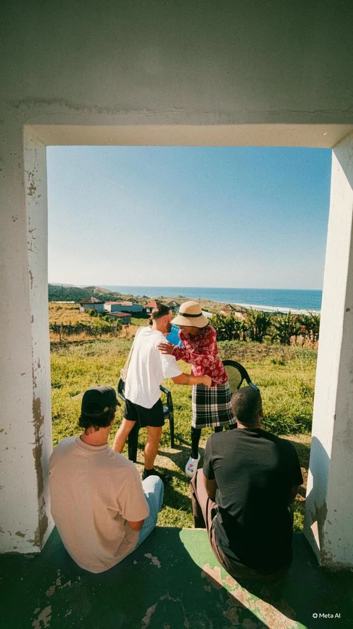 A volunteer and a child at the Mbotyi school, with the sea behind them